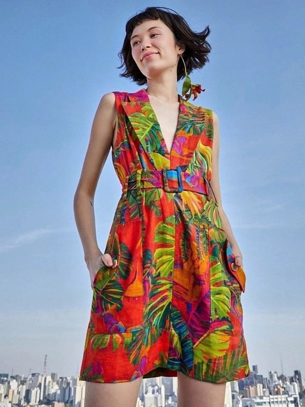 FARM Rio Red Urban Jungle Belted Mini Dress Floral Size Small